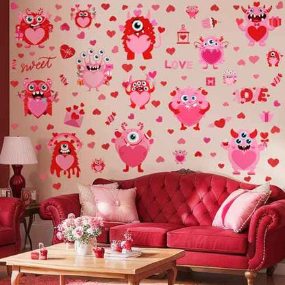 Haull 89 Pcs Valentine's Day Wall Decals Monster Stickers Valentines Day Window Clings Valentine Heart Wall Decoration for Wedding Anniversary Living Room Bedroom Decoration, 6 Sheets