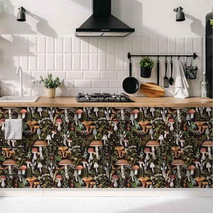 Mushroom Wallpaper Peel and Stick Textured?Boho Contact Paper Removable Vintage Forest Stick on Wallpaper Self Adhesive for Bedroom Bathroom, Black Green Brown White, 17.3 x 79 inch