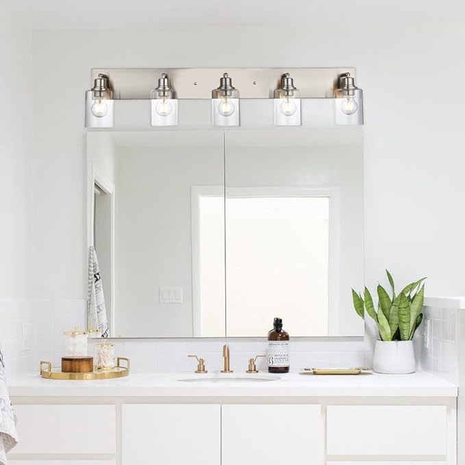 VINLUZ 5 Light Indoor Vanity Lights with Clear Glass Shade,Black Bathroom Spotlight Fixture with Rotatable Light Head Metal Ceiling Light Fixture