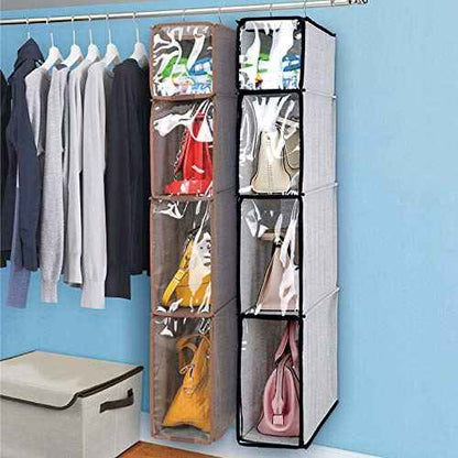 4 Tier Handbag Purse Organizer with Dustproof Cover, Foldable Hanging Closet Wardrobe Storage Shelves Closet Storage System for Living Room Bedroom Home Use, Grey