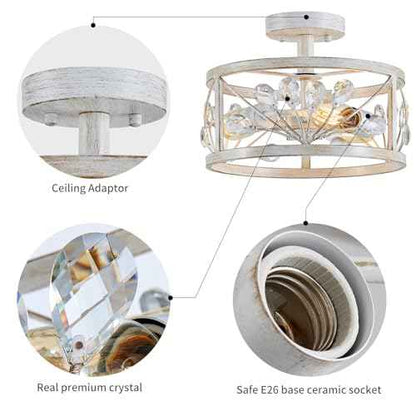 WUZUPS Crystal Leaf Chandelier 3-Light Vintage Farmhouse Industrial Semi-Flush Mount Ceiling Light Lighting Fixture for Foyer Hallway Storage Room Kitchen Bathroom, H 8.5" W 12", Antique White