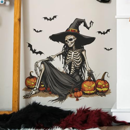 Horror Halloween Witch Skeleton Wall Decals,Removable Skull Wall Stickers with Bats & Pumpkins for Halloween Party Home Classroom Bar Decor (15.7x23.6 Inch)