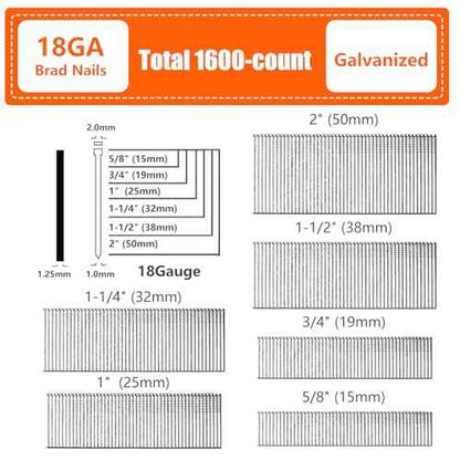 18 Gauge Galvanized Brad Nails Brown T-head 6 Sizes 1600-Pack (5/8"+3/4"+1"+1-1/4"+1-1/2"+2"), Assorted Size Project Pack, for Pneumatic, Electric 18GA Brad Nailer Gun
