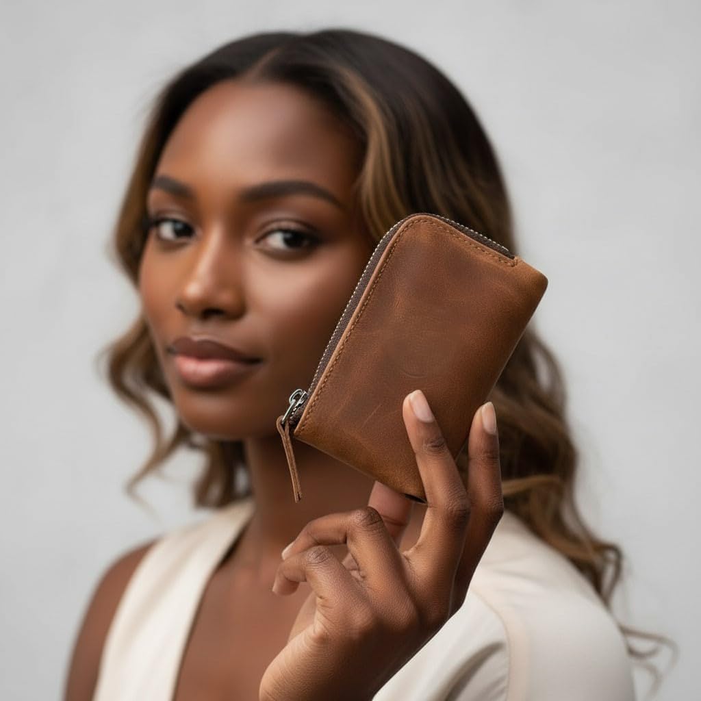 TORAKIP Small Leather Wallet with Zipper – Compact Genuine Leather Coin Pouch for Men & Women, Slim Minimalist Zip Wallet for Cash & Cards, Handmade Pocket Wallet, Warm Brown