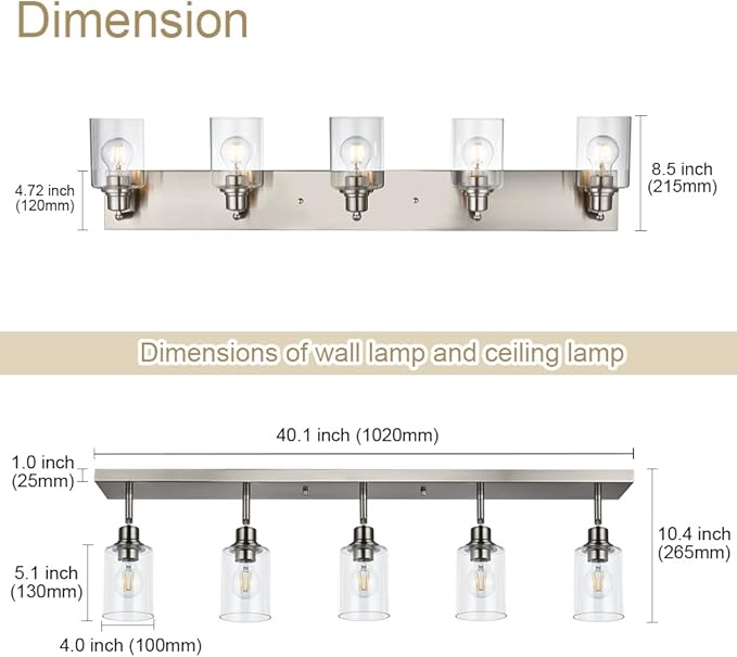VINLUZ 5 Light Indoor Vanity Lights with Clear Glass Shade,Black Bathroom Spotlight Fixture with Rotatable Light Head Metal Ceiling Light Fixture