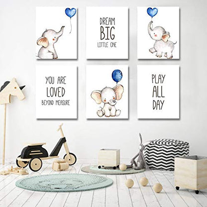 Set of 6 Unframed Baby Boy Wall Art Prints, Blue Elephant Wall Decor with Balloons for Boy's Room (8" x 10")