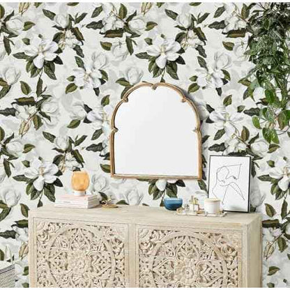 HAOKHOME Peel and Stick Gardenia Floral Wallpaper Removable Off White/Grey/Green Vinyl Self Adhesive Mural 17.7in x 9.8ft