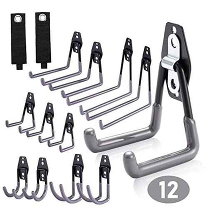 12 Pack Garage Hooks,Wall Hooks Heavy Duty for Home and Warehouse Tool Storage,Hanger Organizer with Steel Reinforced Piece Double Protect (12 Set)