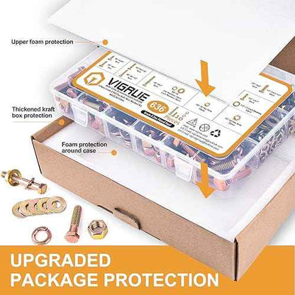 VIGRUE 636PCS Grade 8 Bolt Assortment Kit, 1/4-20, 5/16-18, 3/8-16, 1/2-13 Heavy Duty SAE Bolts and Nuts Washers Kit
