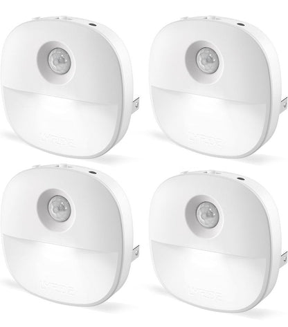 Lyridz Plug in Night Light with Motion Sensor and Dusk to Dawn Sensor, Dimmable Cool White Nightlight with 1-50lm Adjustable Brightness for Bedroom, Bathroom, Stairs, Hallway, 4 Pack