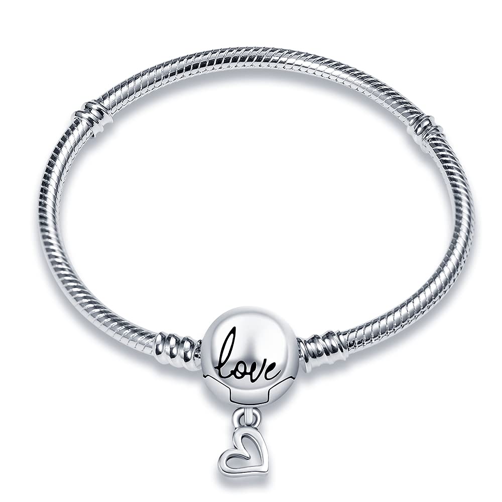 KUNSIR 925 Sterling Silver Snake Chain Bracelet with Love Round Buckle Charm Bracelets for Women Teen