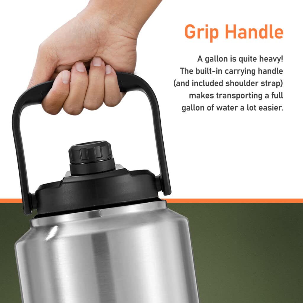 Rangland Insulated 1 Gallon Water Bottle with Sleeve - Stainless Steel Wide Mouth Growler with Tactical Carrying Bag - Insulation for Hot/Cold Drinks (128oz)