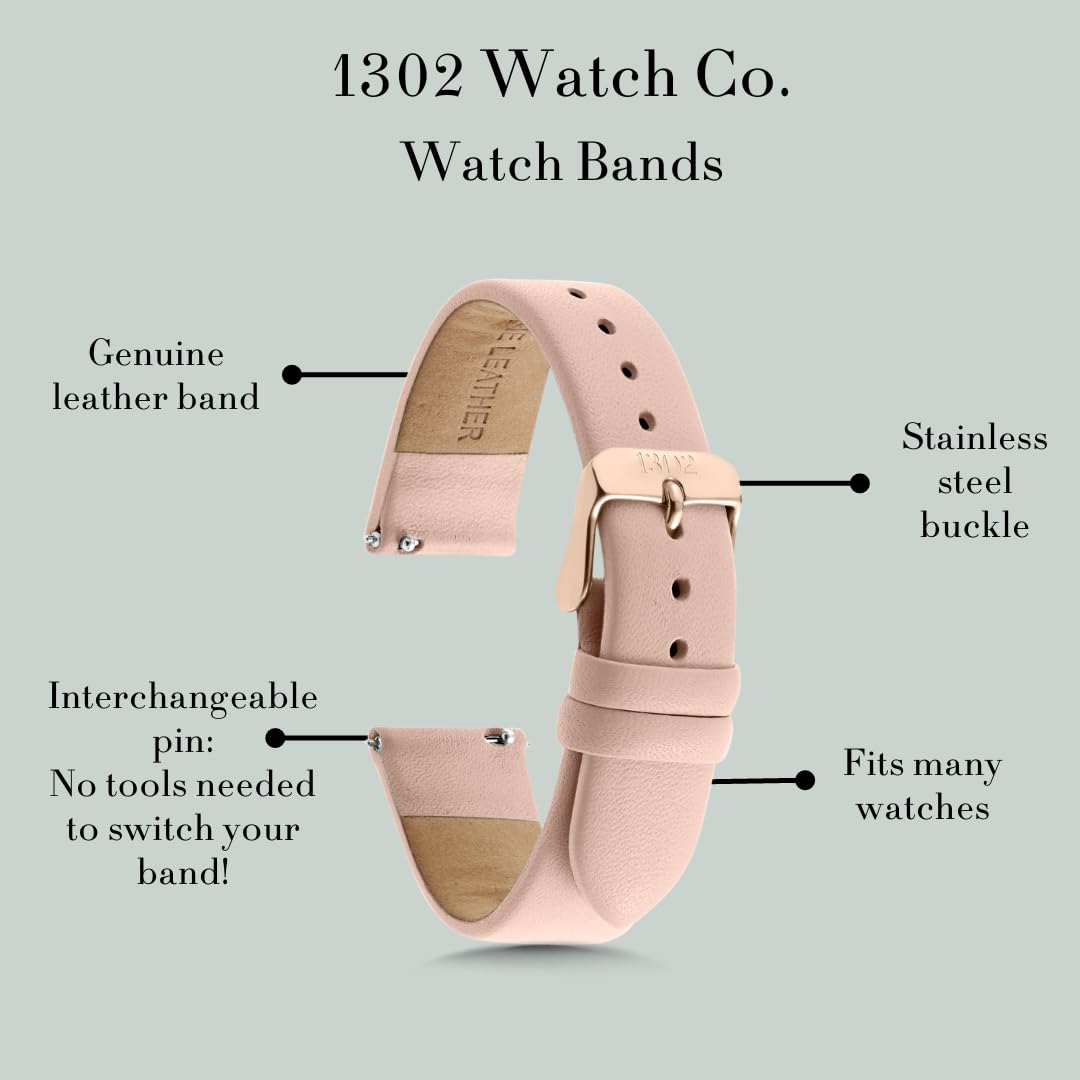 1302 Leather Watch Bands for Women and Men, Quick Release Watch Band, 12mm,14mm,16mm,18mm,20mm and 22mm Easy Interchangeable Strap (Silver Shimmer/Silver Buckle, 18mm)