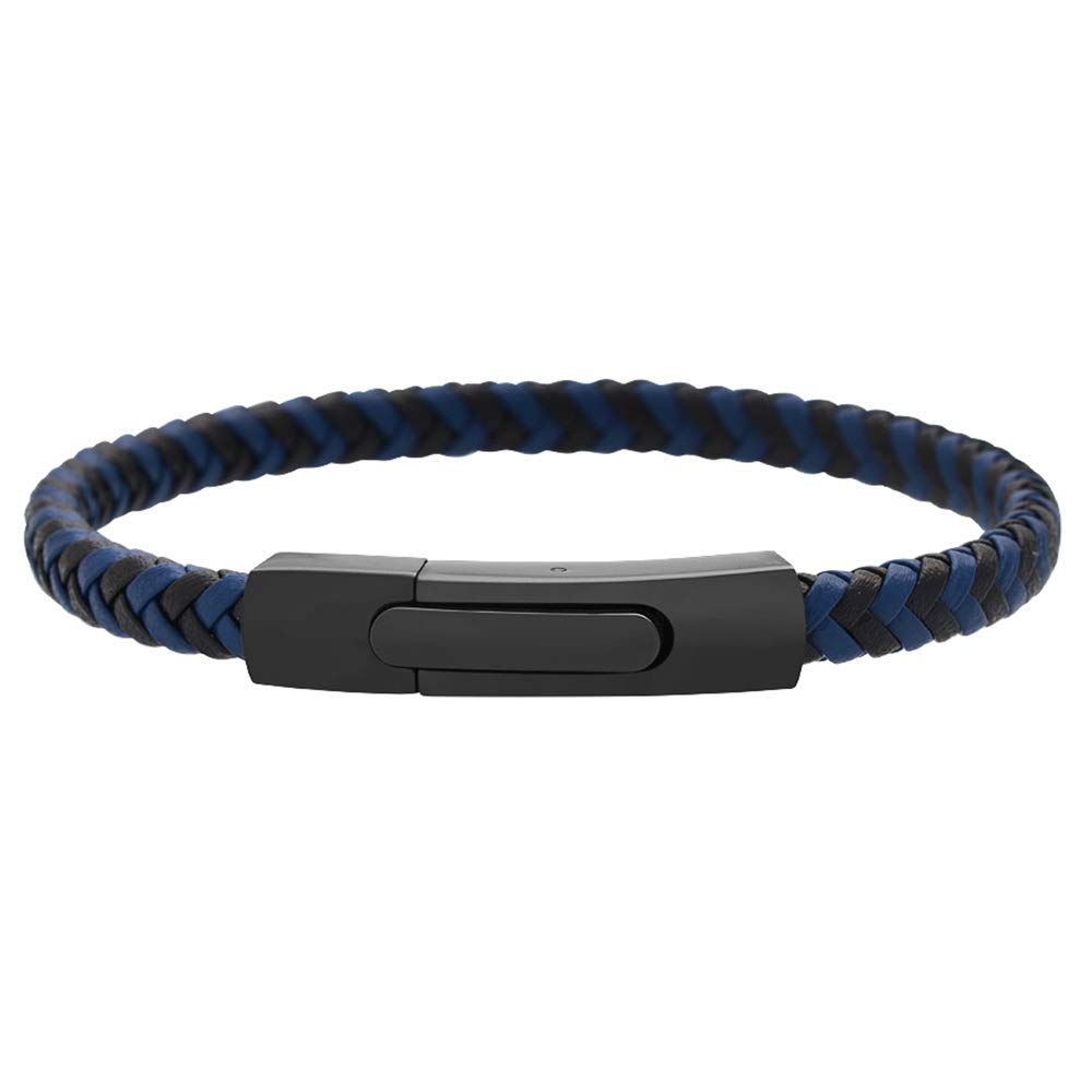 Geoffrey Beene Men's Braided Genuine Leather Fashion Bangle Bracelet with Stainless Steel Clasp (Blue)