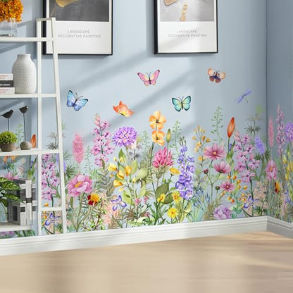 Floral Plants Grass Wall Stickers Colorful Butterfly Flower Wall Decals Wildflower Garden Wall Murals Peel and Stick Girls Bedroom Classroom Vinyl Wall Decals MS3167