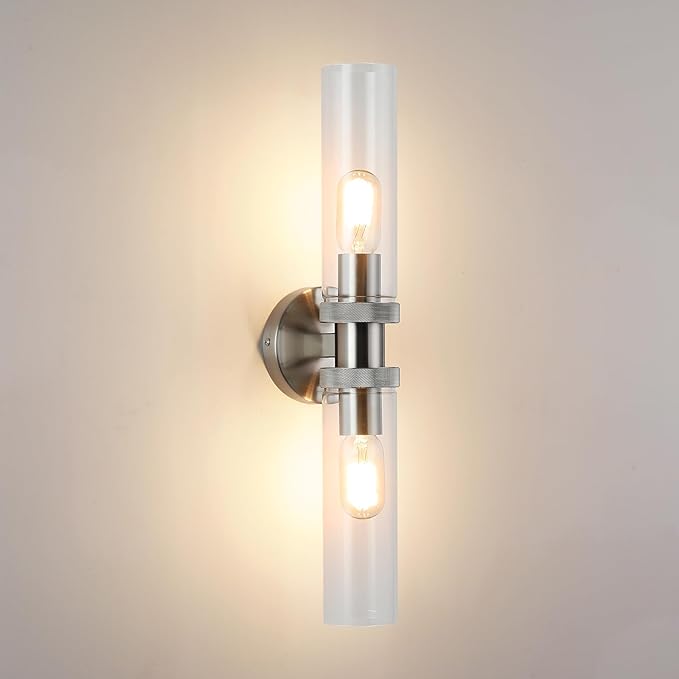 2 Light Bathroom Vanity Light Brushed Nickel, Bathroom Light Fixtures Side Mirror, Vintage Wall Lamp for Bedroom, Modern Bedroom Vanity Lighting Fixtures with Glass Shade