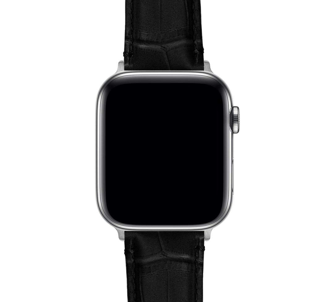 BARTON WATCH BANDS - Black & Stainless Hardware Alligator Grain Leather Watch Bands Compatible with Apple Watch Models - 1, 2, 3, 4, 5, 6, 7, 8, 9, 10, SE, Ultra & Ultra 2 - (42mm/44mm/45mm/49mm)