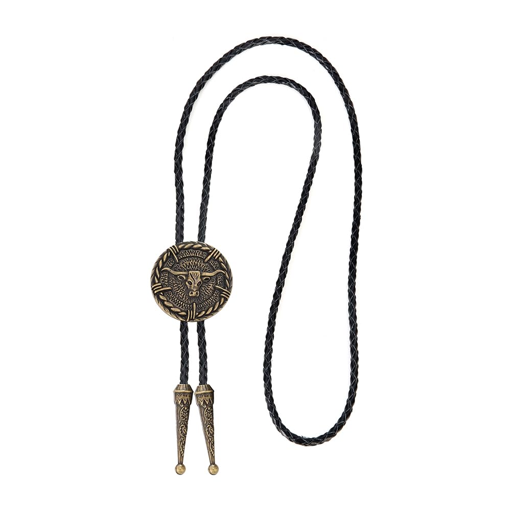 AZORA Western Cowboy Bolo Tie Men Leather Necktie Rope Cord Bull Disc Bola Tie Costume Accessory for Women
