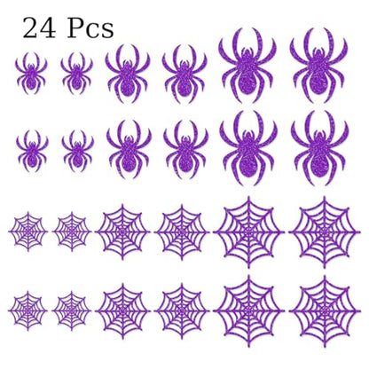 24Pcs Halloween Decorations 3D Spider Scary Wall Decor Stickers Purple Glitter Spider Web Window Decals Spooky Halloween Party Decorations for Indoor Home Room Wall Decoration