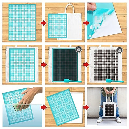 2PCS Plaid Stencil Buffalo Reusable Grids Silk Screen Self-Adhesive Printing 8.5x11 Inch Check for Painting Wood Wall Tile Canvas Paper Fabric