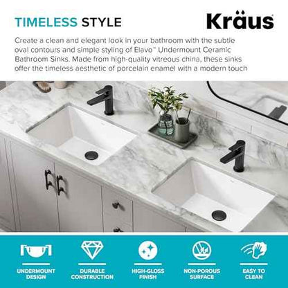 KRAUS Elavo 20.25 in. Rectangular Porcelain Ceramic Undermount Bathroom Sink in White with Overflow Drain, KCU-244