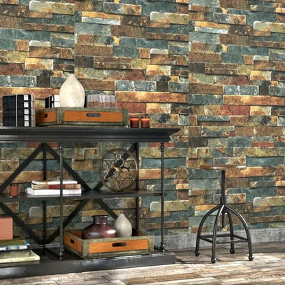 Wallercity Vintage Faux Blue/Brown Wallpaper Peel and Stick Wallpaper Waterproof Self-Adhesive Stone Wallpapers 3D Rock Textured Contact Paper for Kitchen Backsplash Living Room Bedroom 15.8''x78.7''