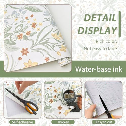 Floral Peel and Stick Wallpaper Boho Floral Contact Paper Nursery Flower Self Adhesive Removable Wallpaper for Bedroom Bathroom Waterproof Contact Paper Colorful Wildflower Leaf 197inL 17.3inW