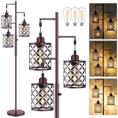 68" Dimmable Floor Lamp, Farmhouse Standing Lamp with Elegant Metal Cage, Industrial Tall Tree Floor Lamps for Living Room, Bedroom, Study Room, Office (2000LM LED Bulbs Included) - Brown