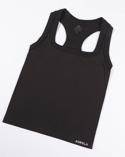 AUROLA Essentials Seamless Sleeveless Raceback Top,Women Subtle Marl Workout Square Neck Fitted Tank,Seal Brown,M