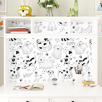 Black and White Dog Wallpaper Peel and Stick White Contact Paper Animal Nursery Wallpaper Fun Puppy Self Adhesive Contact Paper for Walls Kids Room Bedroom Cabinet Liner Dog Decor 17.5"x102"