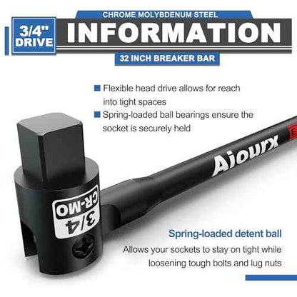 3/4¡± Drive 32 Inch Breaker Bar, Heavy Duty Head, Premium Chromium-Molybdenum Steel, Laser Etched Marking, for Loosen Rusted, Stubborn, Stuck Nuts and Bolts