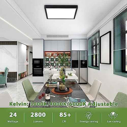 12 Inch 24W Flush Mount Square LED Ceiling Light, 3000K/4000K/6000K Adjustable Flush Mount Light Fixture, 2800LM Bright Flat Ceiling Light Fixtures for Bedroom, Kitchen, Hallway (Black-4 Pack)