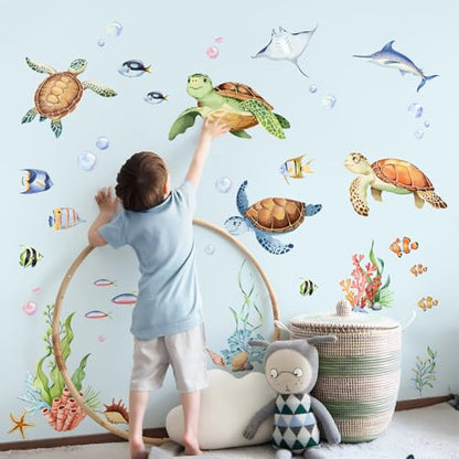 Under The Sea Wall Decals, Sea Turtles Jellyfish Wall Stickers Rays Coral Seaweed Peel and Stick Wall Decal Self Adhesive Wall Art Sticker for Baby Nursery Kids Room Home Decor