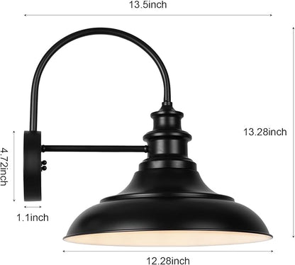 Outdoor Barn Light Fixtures, 12.3 Inch Large Dome Farmhouse Exterior Wall Mount Lights, Gooseneck Wall Sconce Indoor Wall Lighting, Industrial Black White Finish Lanterns for Porch, RZ004-4 BK+WH