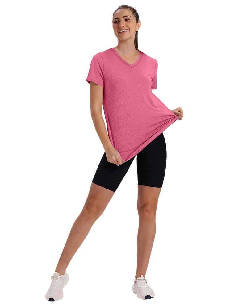 Workout Tops for Women Spring Summer Short Sleeve Golf Outfits Gym Essentials Activewear Running Shirts V Neck Red Pink S