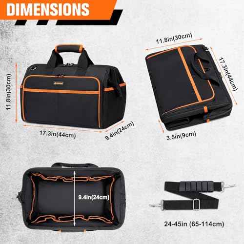 Heavy Duty Tool Bag 17.3-Inch, 26-Pocket Large Tool Bags for Men Women with Adjustable Shoulder Strap,Waterproof, Foldable Tool Bag Organizer for HVAC Electricians Mechanics Craftsman Contractor