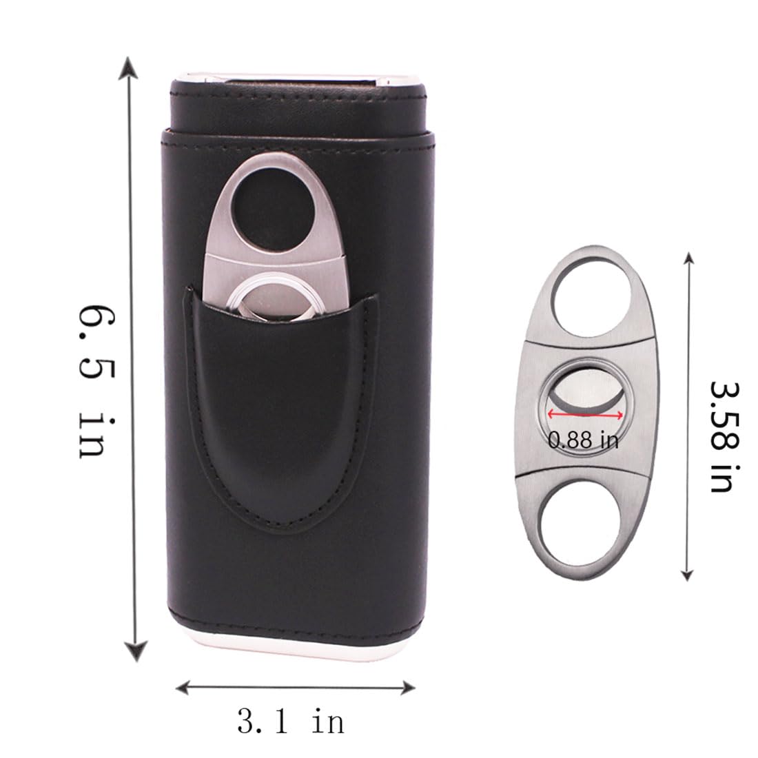 AMANCY Classic Black Leather 3 Fingers Cigar Case with Cedar Wood Lining, Jacket Pocket Suitable Travel Cigar Humidor Holder Silver Stainless Steel Cutter Contained