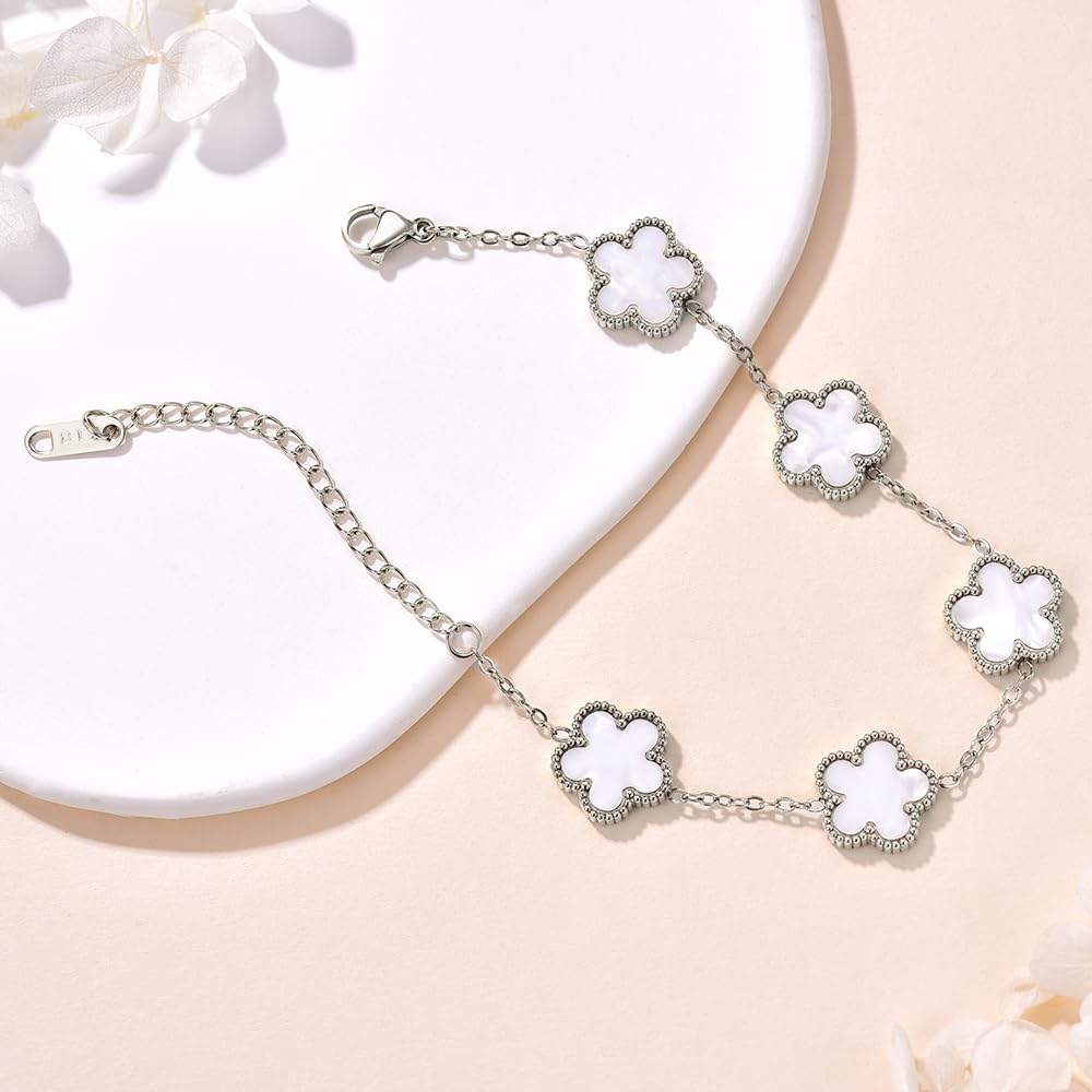 FLY FEI 18K Gold-Plated Four Leaf Clover Bracelet for Women,Adjustable lucky Bracelet Jewelry Gift-Hypoallergenic Charm for Birthdays, Wellness & Daily Wear(style02-White(silvery))