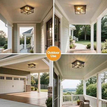 Upgraded Outdoor Ceiling Lights with Motion Sensor and Remote, Flush Mount Ceiling Light Fixture with 4 Lighting Modes, Squares Black with Clear Glass for Porch Patio Entryway Garage Farmhouse