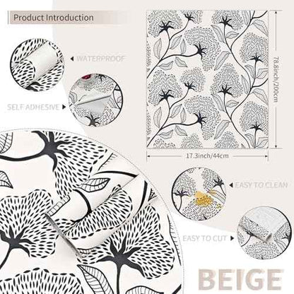 Peel and Stick Wallpaper Boho Contact Paper 17.3¡±x78.8¡± Black and Beige Modern Wallpaper Self Adhesive Removable Floral Wall Paper for Bathroom Art Decoration Wallpapers Bedroom Kitchen Vinyl