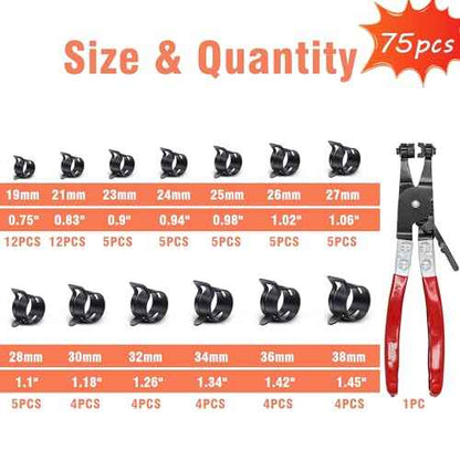AKIHISA 75Pcs 19-38mm Spring Band Hose Clamp Assortment Kit with Hose Clamp Pliers, 13 Sizes Spring Hose Clip Fuel Line Silicone Vacuum Hose Pipe Clamp, Air Hose Tube Water Pipe Fasteners