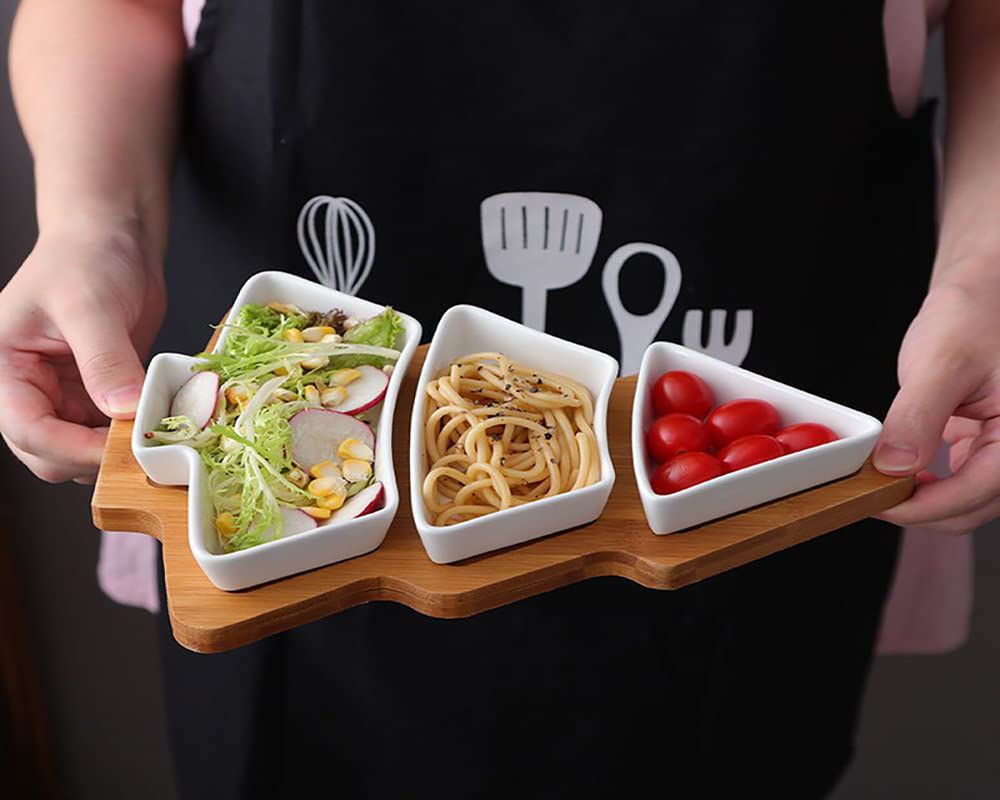 Bamboo Christmas Tree Tray, Ceramic Serving Dishes Set In Christmas Themed Design Serving Bowls for Parties, Perfect for Veggies, Candy and Snacks, White