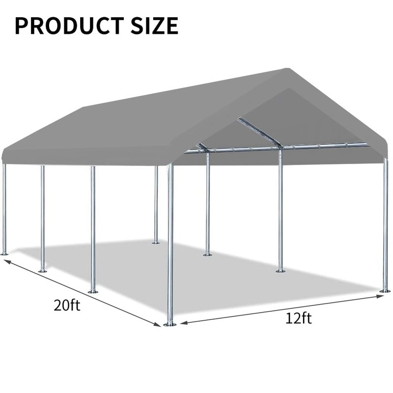 Vanteriam 12'x20' Upgraded Carport Replacement Top Canopy Cover for Car Garage Shelter Tent Party Tent with Ball Bungees Grey (Only Top Cover, Frame is not Included)