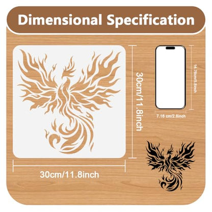 Fire Phoenix Bird Stencil for Painting, 11.8"x11.8" Plastic Winged Phoenix Stencil Drawing Template,DIY Craft Paint Template for Wall Home Decor Wood Burning Card Canvas Fabric Journal Paper