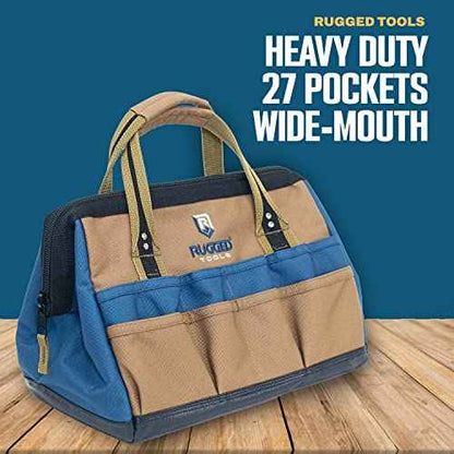 Rugged Tools Field 14" Wide-Mouth Tool Bag - Soft Sided Canvas Tool Bag For Plumbers, Electricians, Carpenters, and Handymen