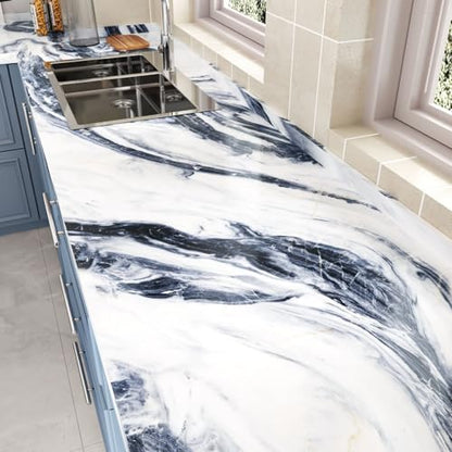 Wallercity Glossy Blue/White Marble Contact Paper for Countertops Kitchen Granite Peel and Stick Wallpaper Removable Vinyl Wraps for Drawer Liner 15.8''x78.7'' Marble Wall Paper for Cabinets Counters