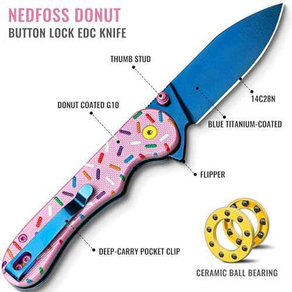 NedFoss DONUT Pink Pocket Knife for Women Men, 2.9" Blade Small EDC Knife, 14C28N Steel Button Lock Knife, Unique Donut Design G10 Handle Folding Knives