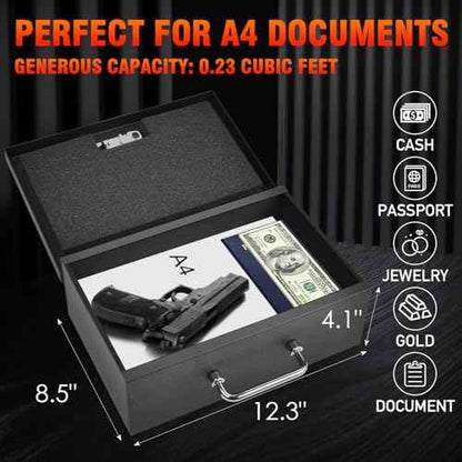 TOTOY Portable Fireproof Document Box with 3-digit Combination Lock, Safe Box for Valuables, Hand Held Storage Lock Box for Documents, Passport, Cash, Tablet