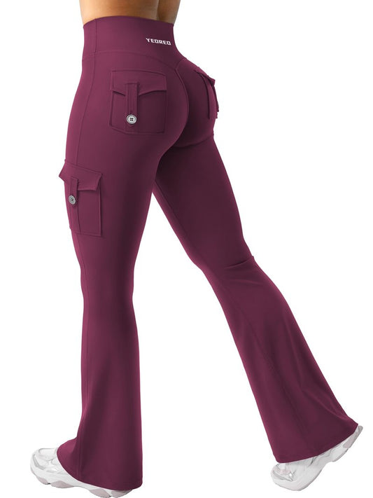 YEOREO CoreFlex Women Workout Flare Leggings with Pockets Hidden Scrunch High Waisted Cargo Gym Yoga Leggings Deep Cherry Red XS