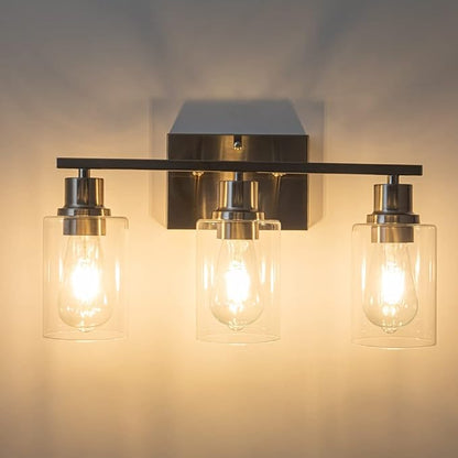 EMONG Brushed Nickel Bathroom Light Fixtures, 3-Light Vanity Lights with Clear Glass Shade, Wall Sconces for Hallway, Farmhouse, Living Room, Kitchen